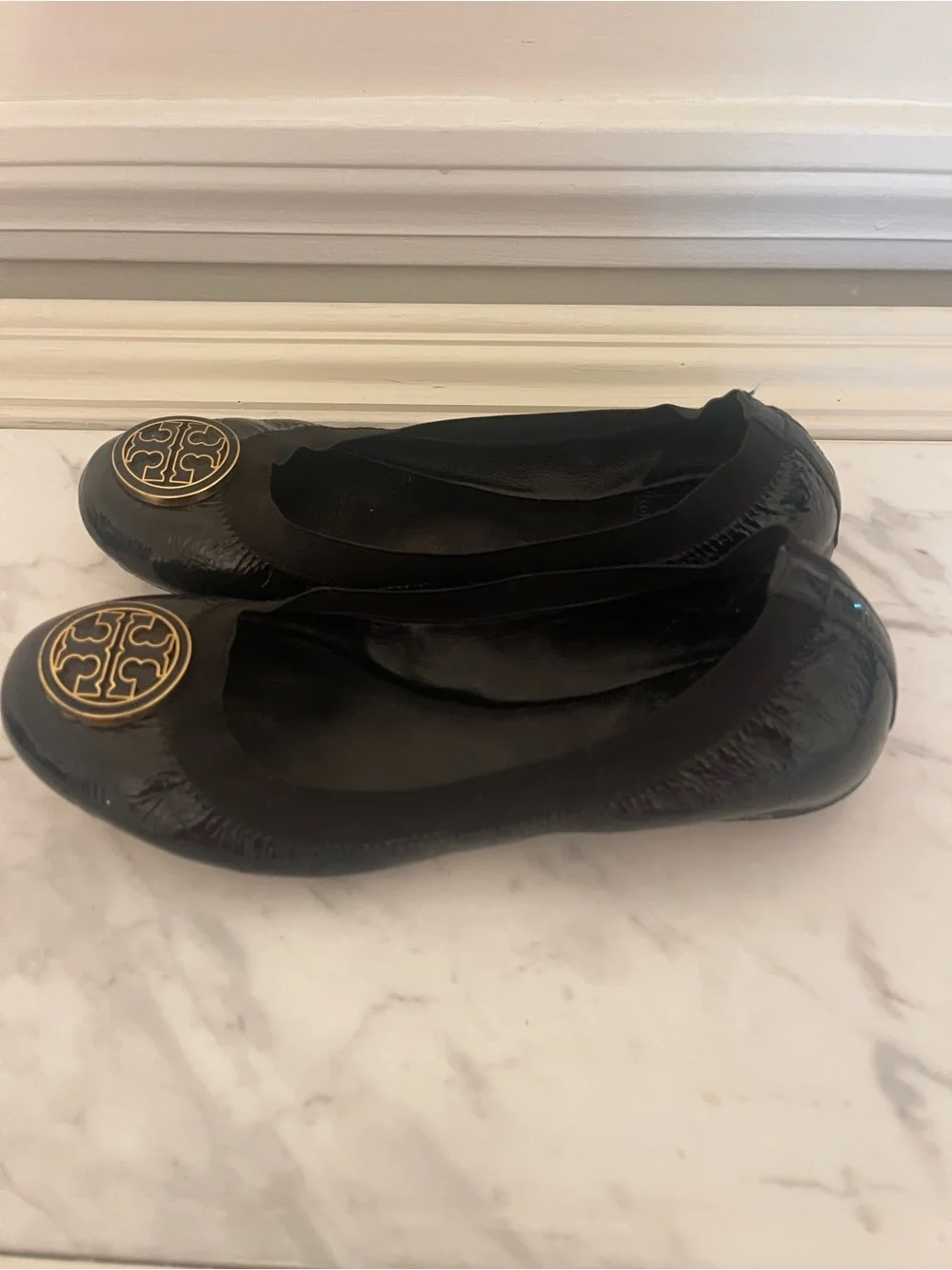 Tory Burch Black Patent Logo Round-Toe Flats with Gold Emblem